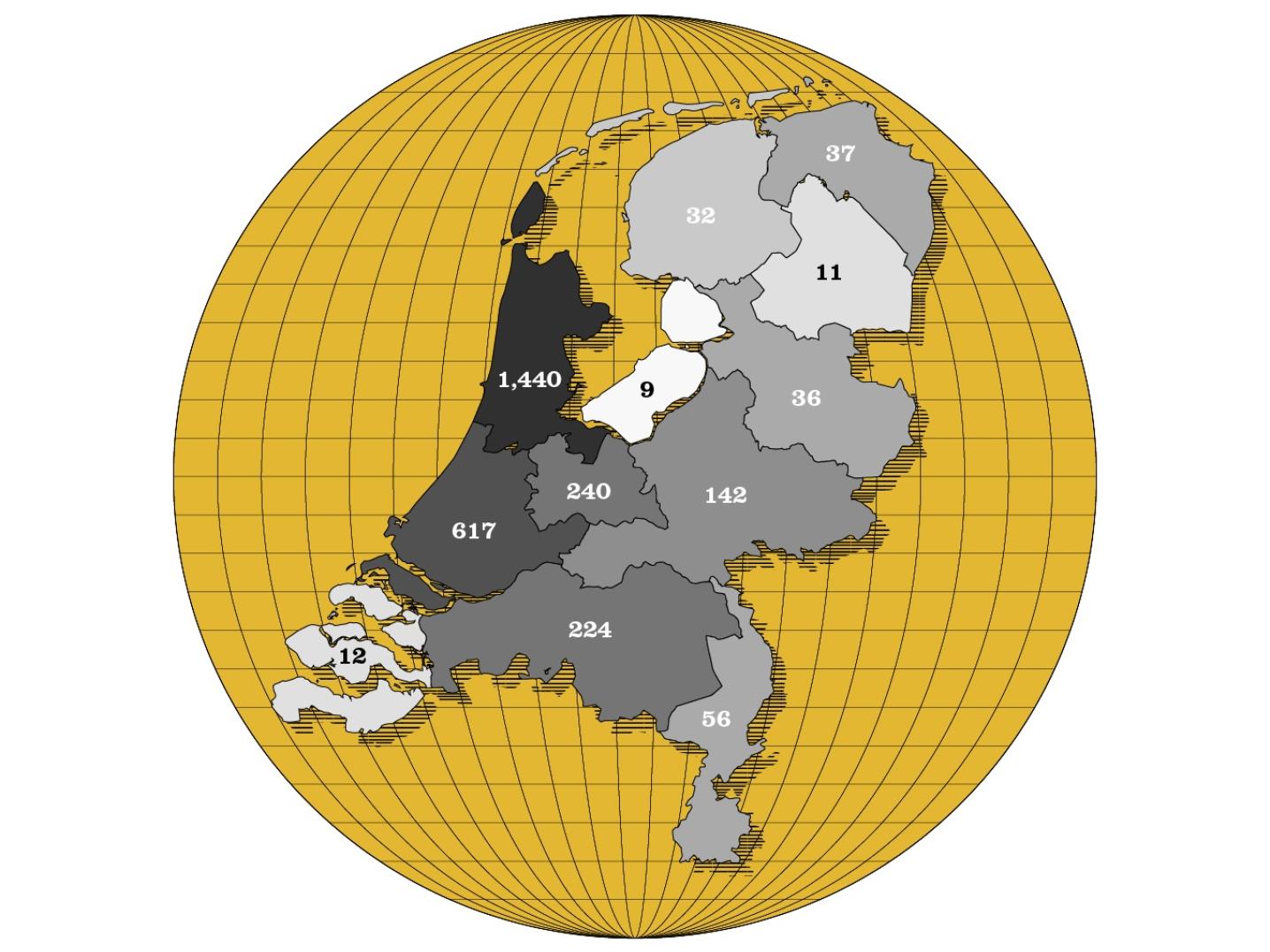 Map of the Dutch provinces showing the number of active artists per province.