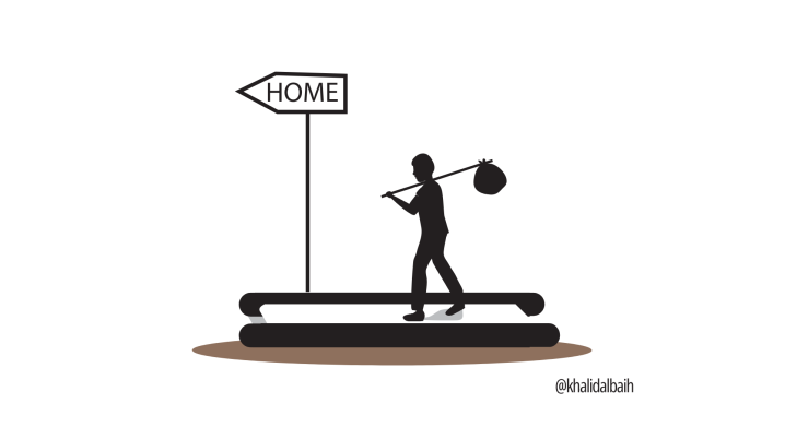 An illustration depicting a man walking with his stuff in the direction of a sign that says 'home'.