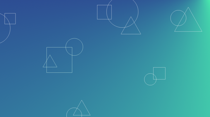 Triangles, squares and circles intertwined with each other on a gradient background heavily blue and green