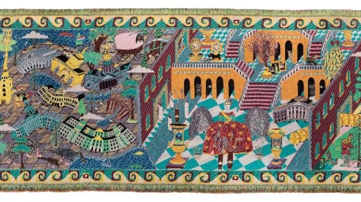 Woven tapestry ‘The cat, the herring, and more tall tales from the Neva’ (170x750cm) produced at the TextielMuseum/TextielLab by Dutch designer Koen Taselaar. Photo: Tommy de Lange